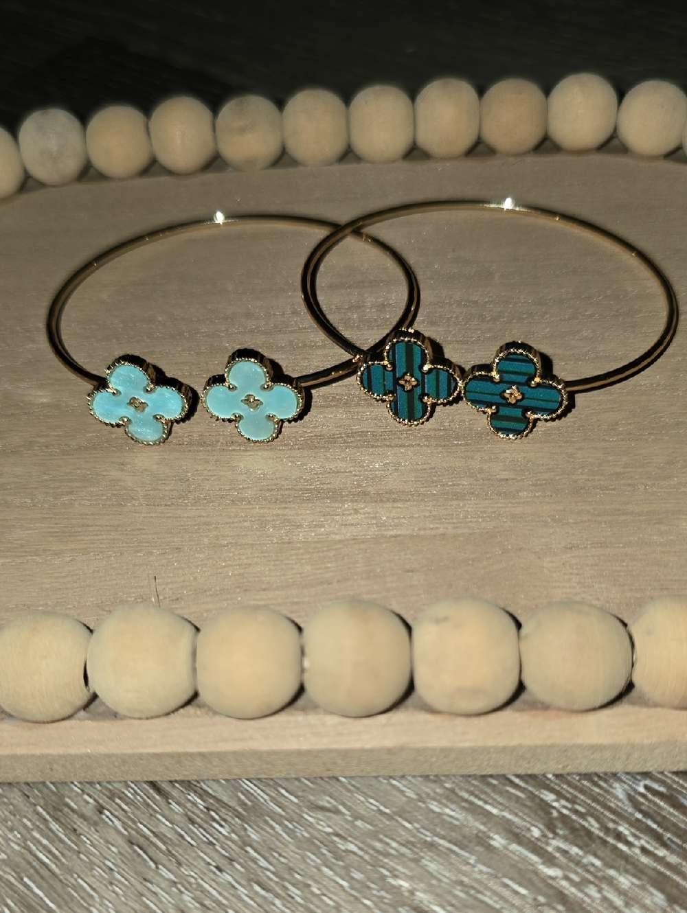Gold Bangle Bracelet with Turquoise Clover Charm - Women's Jewelry